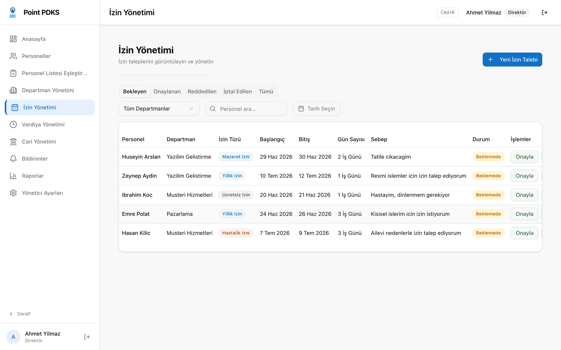 Leave management — request list and leave calendar