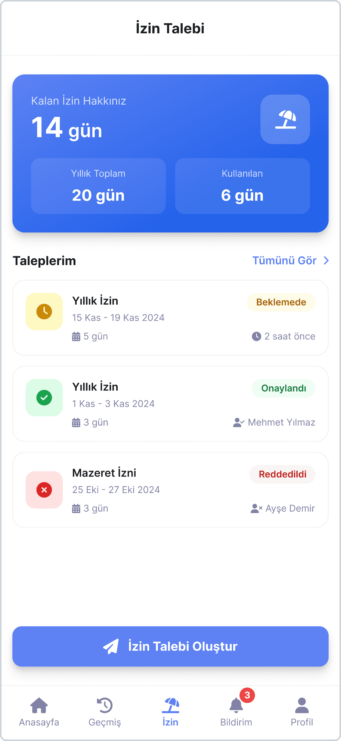 Point PDKS mobile app — leave requests screen