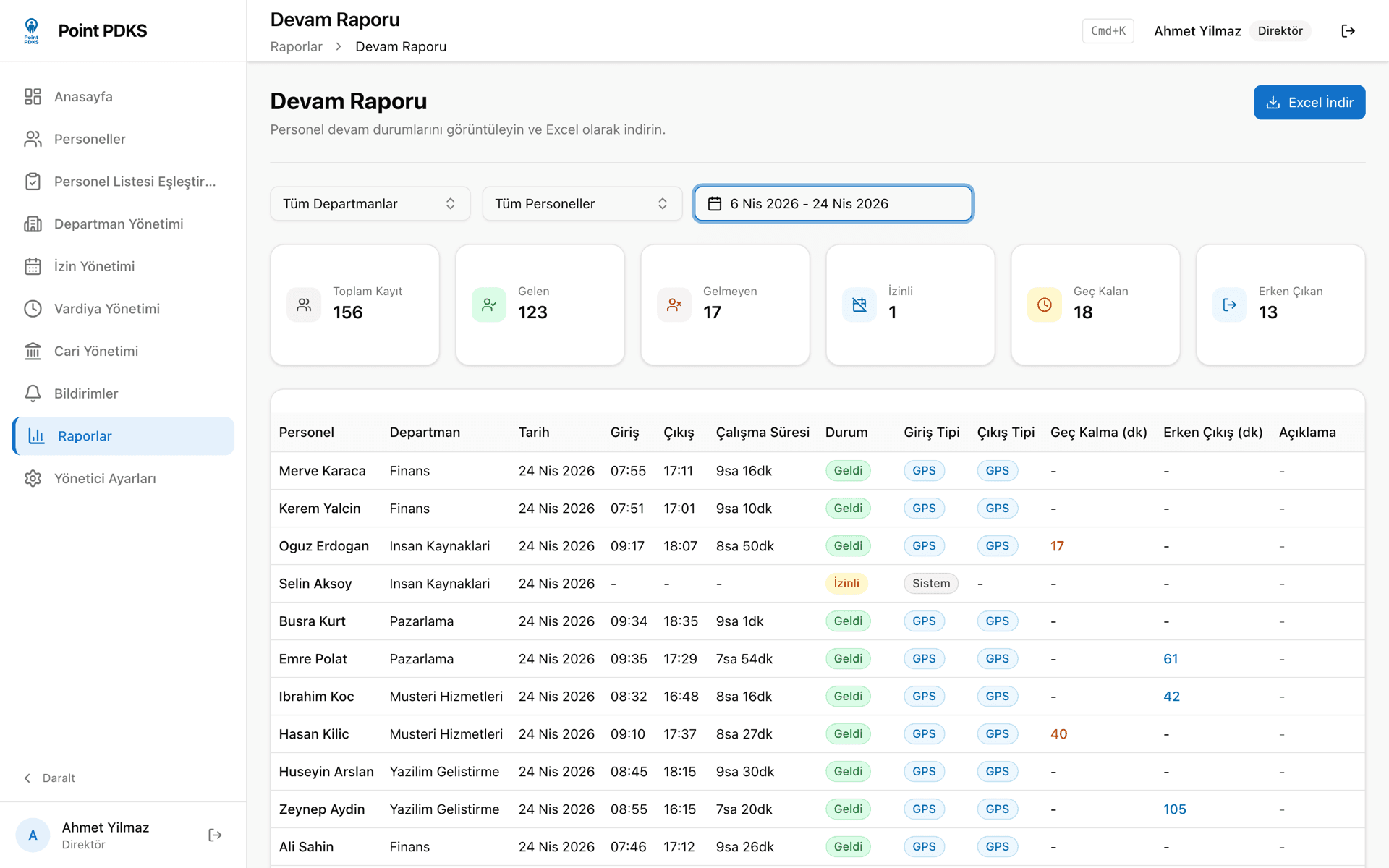 Attendance report screen — filters and Excel download