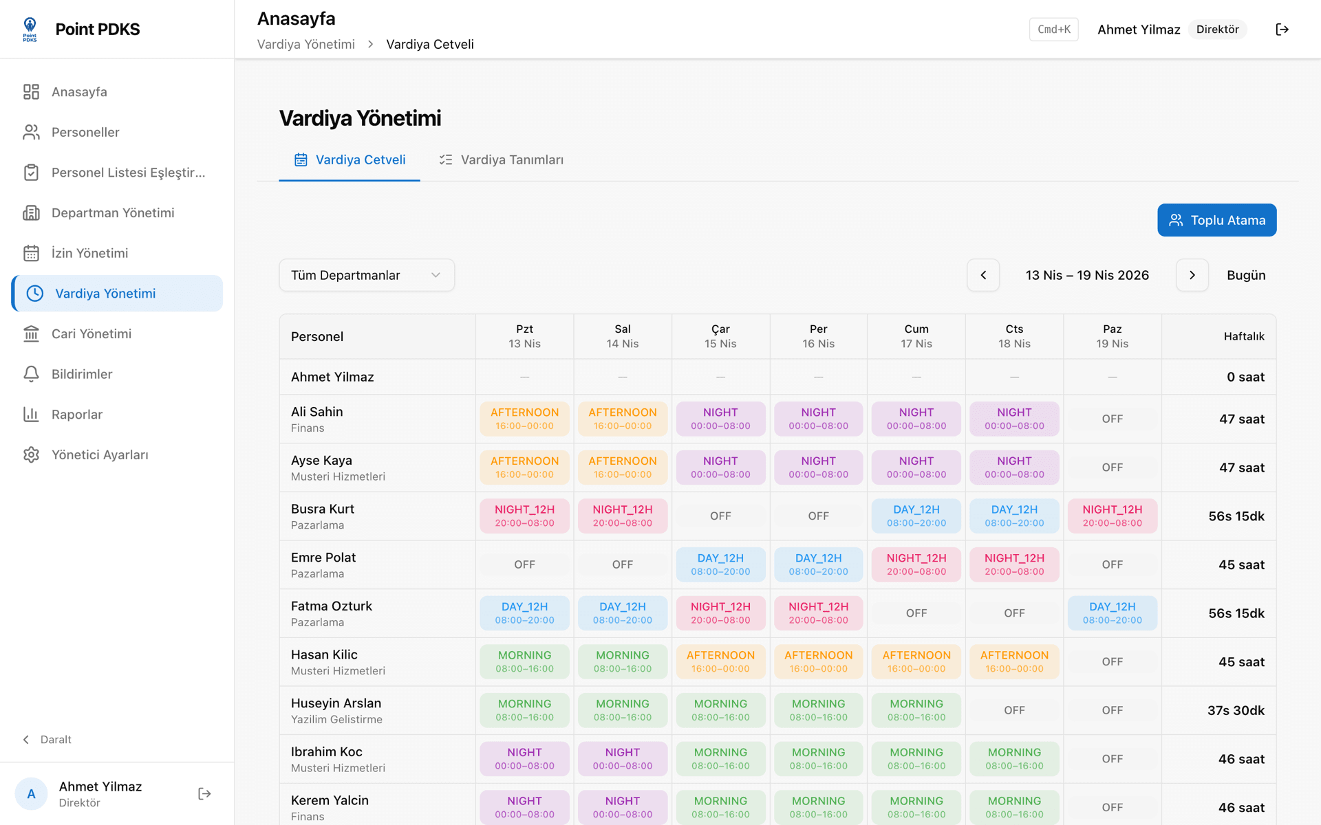 Shift roster screen — color-coded shift calendar for employees